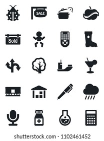 Set of vector isolated black icon - baby vector, tree, boot, lady bug, rain, pills bottle, diet, route, sea shipping, warehouse, railroad, microphone, remote control, pen, sale, sold signboard
