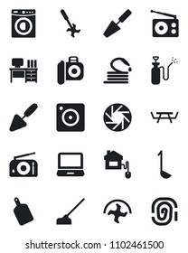 Set of vector isolated black icon - desk vector, trowel, ripper, hose, hoe, picnic table, garden sprayer, camera, radio, laptop pc, mobile, washer, ladle, cutting board, home control, fingerprint