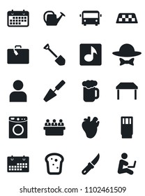Set of vector isolated black icon - taxi vector, suitcase, airport bus, meeting, job, trowel, watering can, garden knife, real heart, term, user, music, calendar, table, drink, beer, bread, washer