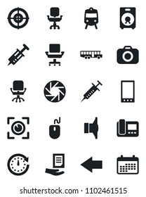 Set of vector isolated black icon - airport bus vector, train, left arrow, office chair, mouse, document, syringe, camera, speaker, mobile, target, intercome, eye scan, clock, calendar