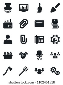 Set of vector isolated black icon - office chair vector, team, meeting, trowel, farm fork, axe, group, themes, root setup, monitor statistics, paper clip, phone, support, handshake, stamp, book