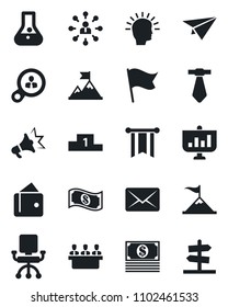 Set of vector isolated black icon - hierarchy vector, meeting, consumer search, shining head, motivation, wallet, pennon, office chair, flask, flag, cash, paper plane, mail, advertising, pedestal