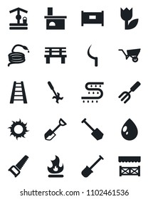 Set of vector isolated black icon - fence vector, job, garden fork, shovel, ladder, wheelbarrow, saw, fire, water drop, sun, well, hose, sickle, bench, fireplace, drip irrigation, ripper, tulip