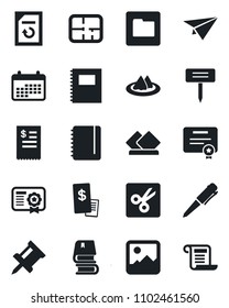 Set of vector isolated black icon - pen vector, notepad, document reload, plant label, gallery, folder, cut, copybook, drawing pin, book, plan, serviette, restaurant receipt, calendar, paper plane