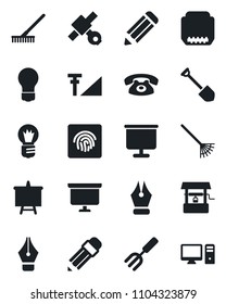 Set of vector isolated black icon - presentation board vector, bulb, job, pencil, garden fork, rake, well, satellite, hdmi, fingerprint id, cellular signal, ink pen, phone, pc