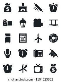 Set of vector isolated black icon - alarm clock vector, abacus, money bag, film frame, vinyl, tv, video camera, microphone, office phone, fireplace, rolling pin, outdoor lamp, fridge, windmill