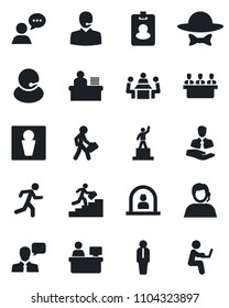 Set of vector isolated black icon - male vector, reception, manager, pedestal, place, run, support, client, speaker, desk, meeting, career ladder, dress code, pass card, man with notebook