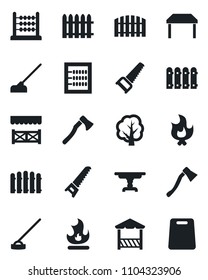 Set of vector isolated black icon - fence vector, tree, saw, fire, hoe, axe, abacus, table, alcove, cutting board