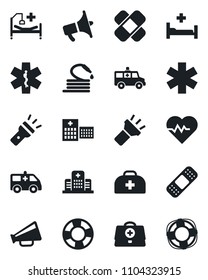 Set of vector isolated black icon - hose vector, heart pulse, doctor case, patch, ambulance star, car, hospital bed, loudspeaker, torch, crisis management