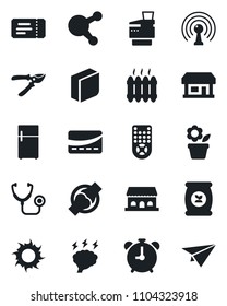 Set of vector isolated black icon - alarm clock vector, ticket, brainstorm, flower in pot, pruner, sun, fertilizer, stethoscope, joint, store, antenna, remote control, share, blank box, copier