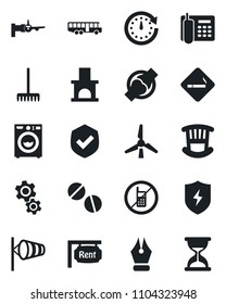 Set of vector isolated black icon - airport bus vector, no mobile, smoking place, wind, boarding, rake, fireplace, pills, joint, shield, protect, ink pen, office phone, windmill, rent, children room