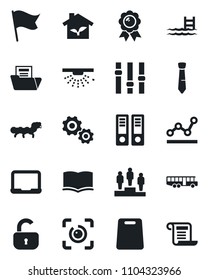 Set of vector isolated black icon - airport bus vector, book, pedestal, office binder, medal, notebook pc, caterpillar, settings, eye id, document folder, point graph, tie, pool, lock, cutting board