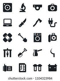 Set of vector isolated black icon - security gate vector, job, shovel, sickle, garden knife, axe, microscope, patch, office phone, camera, laptop pc, mobile, sim, turkish coffee, power plug, web
