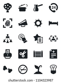 Set of vector isolated black icon - no smoking vector, bed, printer, sproute, sun, diagnosis, broken bone, 24 hours, container, loudspeaker, touch screen, favorites list, cut, hr, hierarchy, bulb