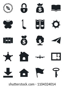 Set of vector isolated black icon - automatic door vector, plane, book, money bag, tree, butterfly, house, sun, download, compass, lock, plan, ladle, police, flag, paper, tie