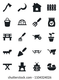 Set of vector isolated black icon - trowel vector, garden fork, seedling, wheelbarrow, bucket, lady bug, house, sickle, axe, bench, fireplace, greenhouse, caterpillar, picnic table, fertilizer
