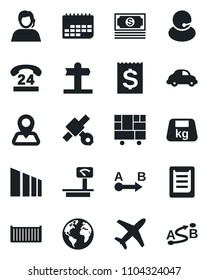 Set of vector isolated black icon - signpost vector, navigation, earth, plane, satellite, cash, 24 hours, support, cargo container, car delivery, term, receipt, consolidated, clipboard, sorting
