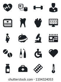 Set of vector isolated black icon - heart vector, pulse, monitor, doctor case, blood pressure, microscope, pills, blister, ampoule, barbell, disabled, real, caries, medical calendar, diet, pregnancy