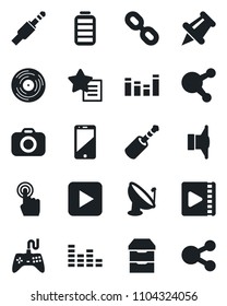 Set of vector isolated black icon - satellite antenna vector, vinyl, camera, speaker, gamepad, equalizer, cell phone, touch screen, share, chain, favorites list, paper pin, battery, play button