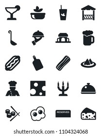 Set of vector isolated black icon - cook vector, dish, serviette, reserved, cocktail, phyto bar, beer, salad, bacon, waiter, cafe building, candle, alcove, hot dog, ladle, cutting board, sushi