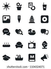 Set of vector isolated black icon - clouds vector, document reload, flower in pot, plant label, heart diagnostic, dialog, rec button, gallery, office building, pool, fruit tree, cushioned furniture