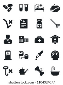 Set of vector isolated black icon - medical room vector, rake, watering can, bird house, doctor case, diagnosis, blood pressure, test vial, dropper, pills, bottle, tomography, hospital bed, diet