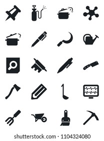 Set of vector isolated black icon - document search vector, pen, drawing pin, pencil, garden fork, watering can, wheelbarrow, sickle, axe, sprayer, monitor pulse, share, themes, ladle, rolling