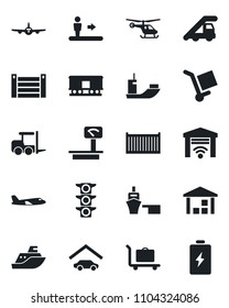 Set of vector isolated black icon - baggage trolley vector, escalator, fork loader, ladder car, plane, helicopter, traffic light, sea shipping, cargo container, port, warehouse, heavy scales, garage