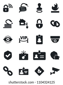 Set of vector isolated black icon - bomb in case vector, identity, stamp, card, hose, shield, flammable, chain, lock, eye id, vip zone, home control, wireless, protect, pass, surveillance