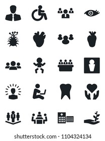 Set of vector isolated black icon - male vector, baby, disabled, team, meeting, heart hand, real, tooth, eye, hospital, virus, client, group, company, shining head, man with notebook, palm sproute