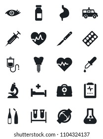 Set of vector isolated black icon - heart pulse vector, doctor case, syringe, blood test vial, dropper, microscope, pills blister, ampoule, scalpel, ambulance car, hospital bed, stomach, implant