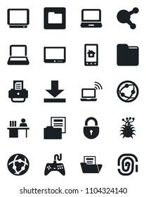 Set of vector isolated black icon - wireless notebook vector, lock, printer, virus, gamepad, tv, network, laptop pc, share, folder, download, document, manager desk, home control app, fingerprint