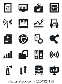 Set of vector isolated black icon - antenna vector, bomb in case, office binder, document, reload, diagnosis, folder, share, scanner, network, data exchange, monitor statistics, bar graph, point