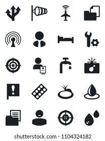 Set of vector isolated black icon - plane radar vector, bomb in case, bed, wind, water drop, pond, pills blister, patient, route, important flag, folder document, antenna, root setup, target, supply
