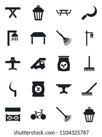 Set of vector isolated black icon - ladder car vector, rake, sickle, garden light, picnic table, fertilizer, bike, restaurant, alcove, outdoor lamp