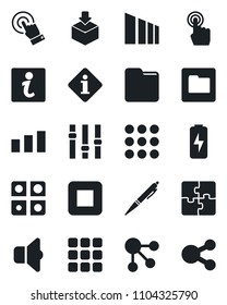 Set of vector isolated black icon - package vector, sorting, settings, touch screen, stop button, menu, folder, charge, application, pen, sound, information, social media