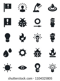 Set of vector isolated black icon - bulb vector, lady bug, fire, sun, eye, important flag, brightness, desk lamp, water, energy saving, shining head, idea