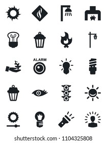 Set of vector isolated black icon - bulb vector, fire, sun, garden light, eye, traffic, torch, brightness, fireplace, smoke detector, energy saving, outdoor lamp, alarm led, palm sproute
