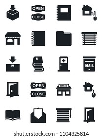 Set of vector isolated black icon - shop vector, medical room, book, store, package, mail, folder, copybook, mailbox, open close, home control, jalousie, door