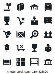 Set of vector isolated black icon - safe vector, checkroom, bird house, container, fragile, cargo, up side sign, no trolley, package, heavy scales, search, rack, blank box, archive, warehouse