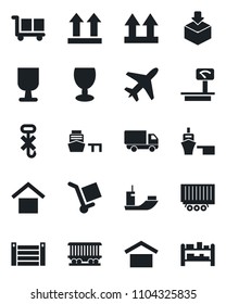 Set of vector isolated black icon - plane vector, railroad, sea shipping, truck trailer, car delivery, port, container, fragile, cargo, warehouse storage, up side sign, no hook, package, rack