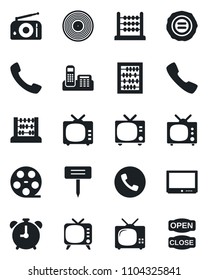 Set of vector isolated black icon - alarm clock vector, phone, tv, abacus, stamp, plant label, reel, vinyl, radio, call, office, open close