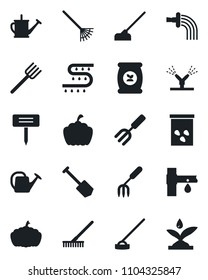 Set of vector isolated black icon - job vector, garden fork, farm, rake, watering can, hoe, plant label, pumpkin, seeds, fertilizer, drip irrigation