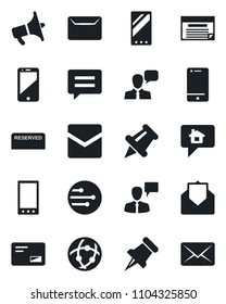 Set of vector isolated black icon - speaking man vector, loudspeaker, cell phone, speaker, paper pin, mail, mobile, message, network, reserved, home, schedule