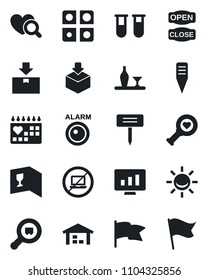 Set of vector isolated black icon - no laptop vector, statistic monitor, plant label, blood test vial, heart diagnostic, medical calendar, package, search cargo, application, warehouse, alcohol
