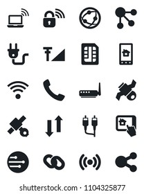 Set of vector isolated black icon - wireless notebook vector, satellite, network, chain, rca, call, sim, data exchange, cellular signal, power plug, lock, router, home control app, social media