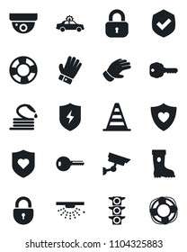 Set of vector isolated black icon - alarm car vector, border cone, lock, glove, boot, hose, heart shield, traffic light, protect, key, surveillance, sprinkler, crisis management