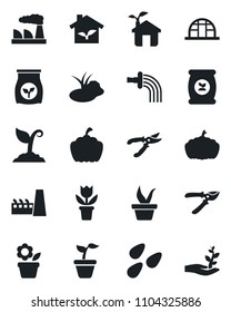 Set of vector isolated black icon - factory vector, flower in pot, seedling, watering, sproute, pruner, pumpkin, greenhouse, seeds, pond, fertilizer, eco house, palm
