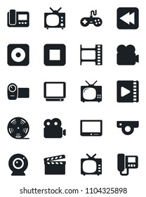 Set of vector isolated black icon - clapboard vector, film frame, reel, tv, gamepad, video camera, stop button, rewind, rec, web, intercome