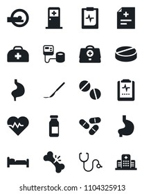 Set of vector isolated black icon - bed vector, medical room, heart pulse, doctor case, diagnosis, stethoscope, blood pressure, pills, ampoule, scalpel, tomography, stomach, broken bone, clipboard